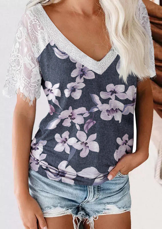 Floral Lace Splicing Raglan Sleeve Blouse