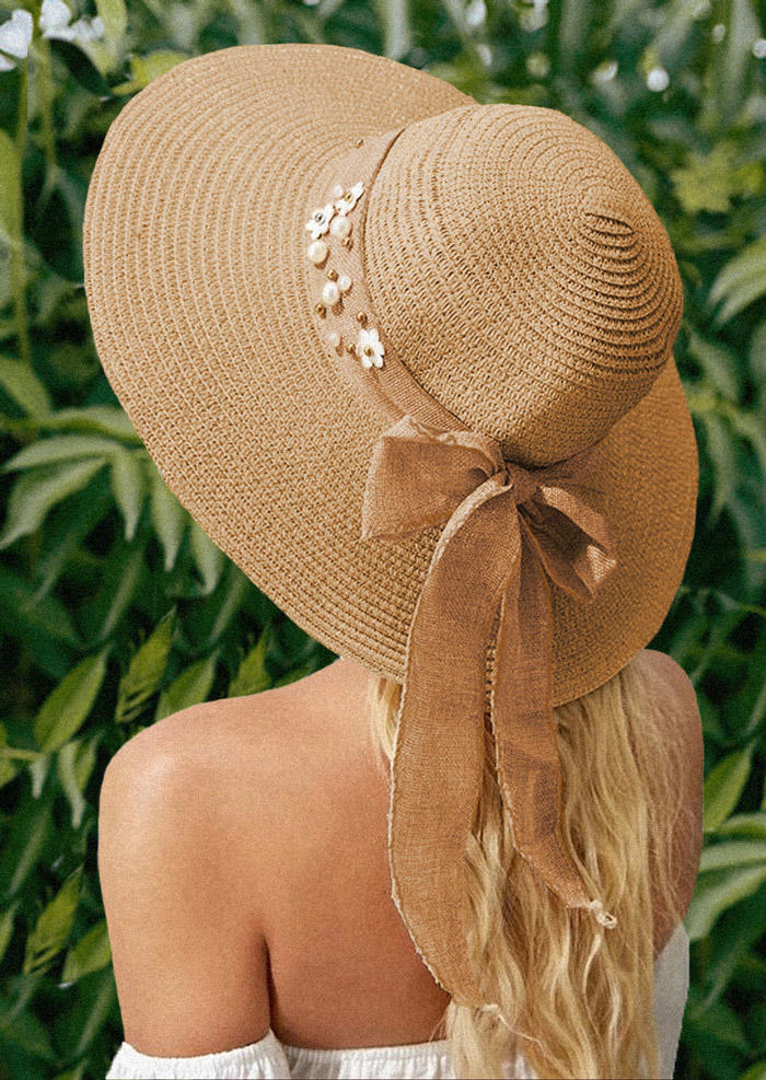 Floral Pearl Bowknot Straw Hat