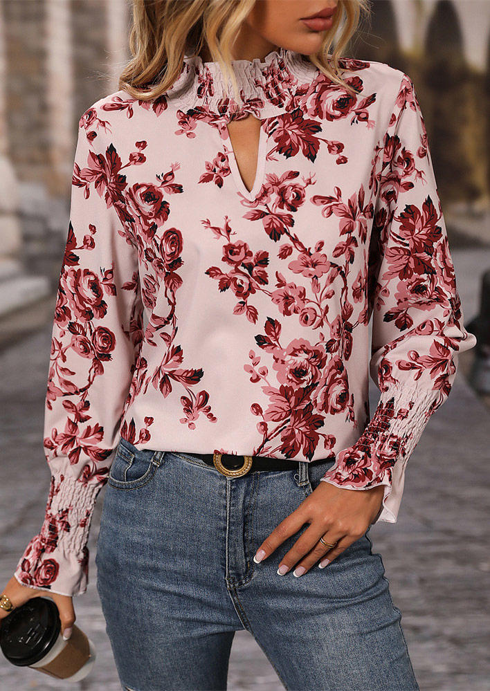 

Floral Smocked Hollow Out Long Sleeve Blouse, Multicolor, SCM011276