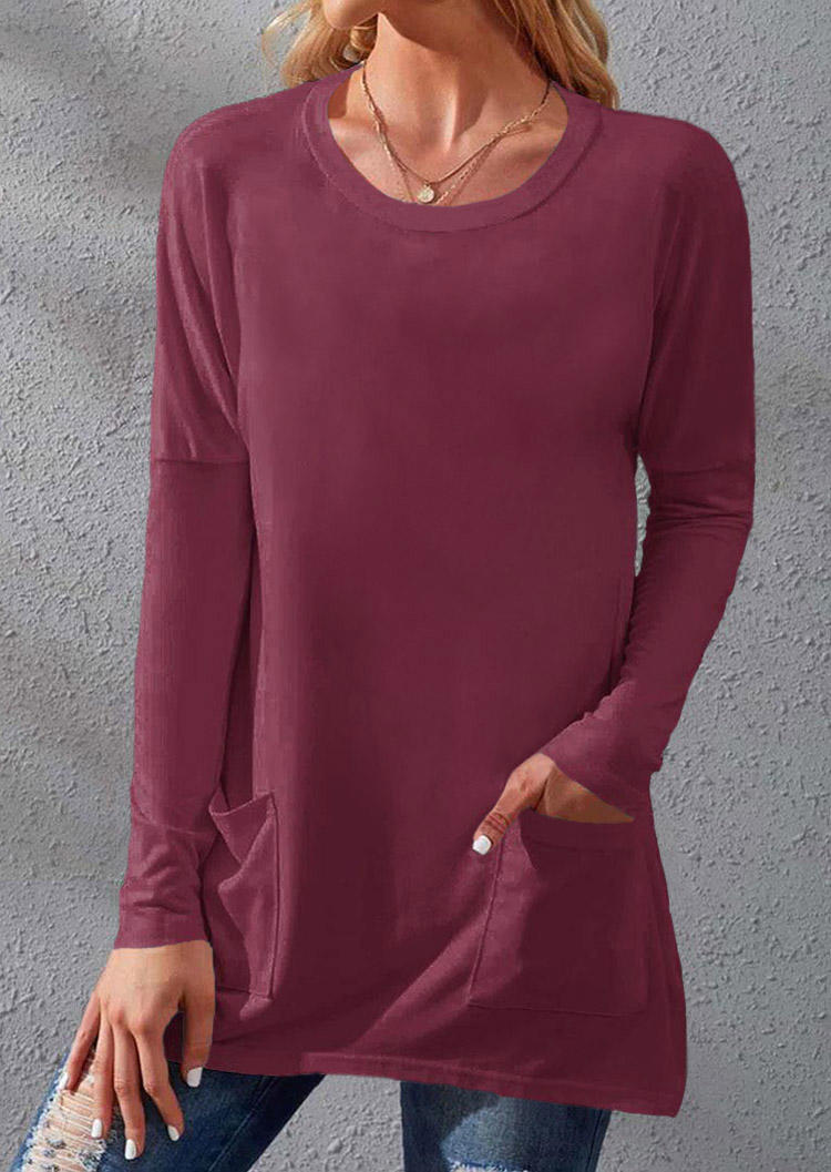 

Pocket Long Sleeve O-Neck Blouse - Burgundy, Red, SCM011475