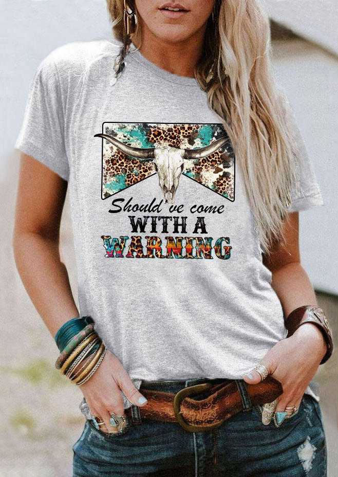 

Should've Come With A Warning Leopard Steer Skull T-Shirt Tee - Light Grey, Gray, SCM011500