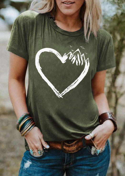 

Valentine Heart O-Neck T-Shirt Tee - Army Green, SCM011501