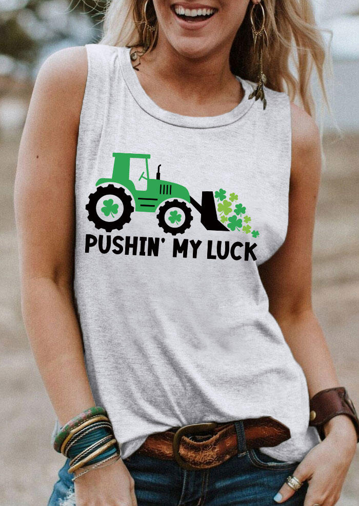 

St. Patrick' Day Pushin' My Luck Lucky Shamrock Tank - Light Grey, Gray, SCM011528