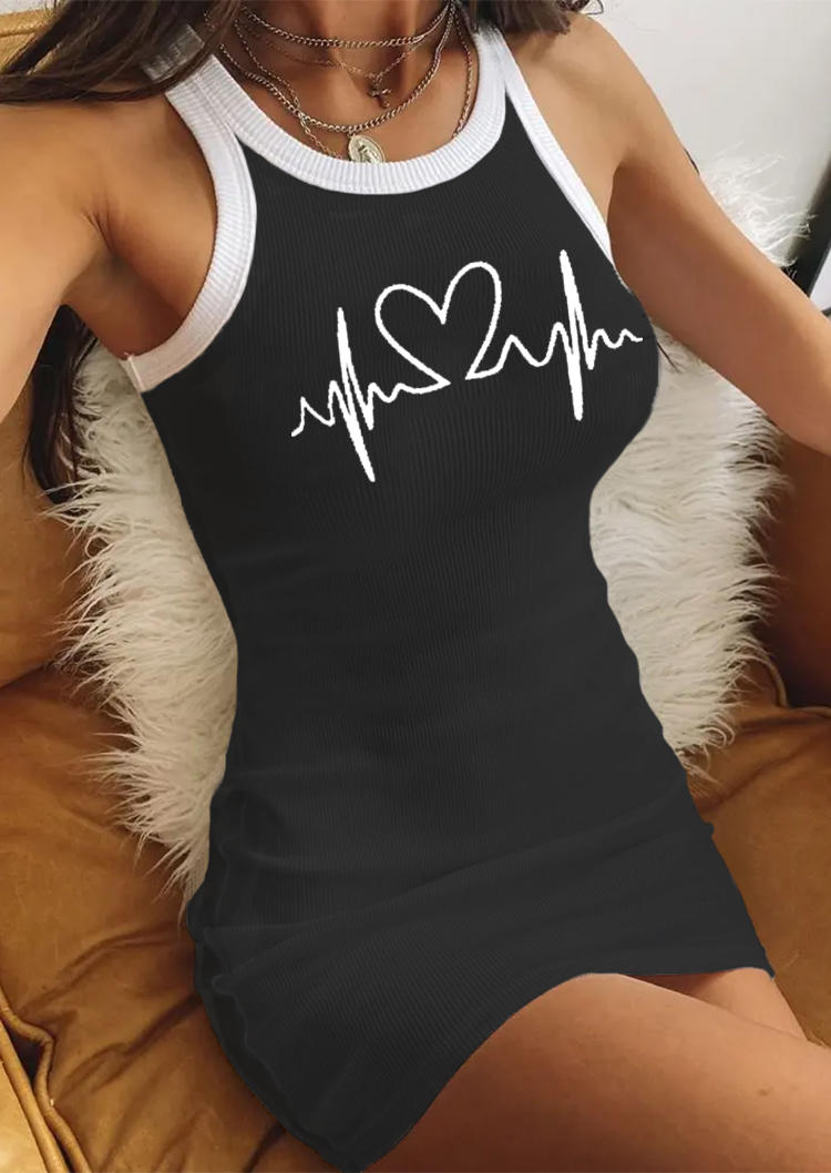 Valentine ECG Heartbeat Color Block Bodycon Dress - Black