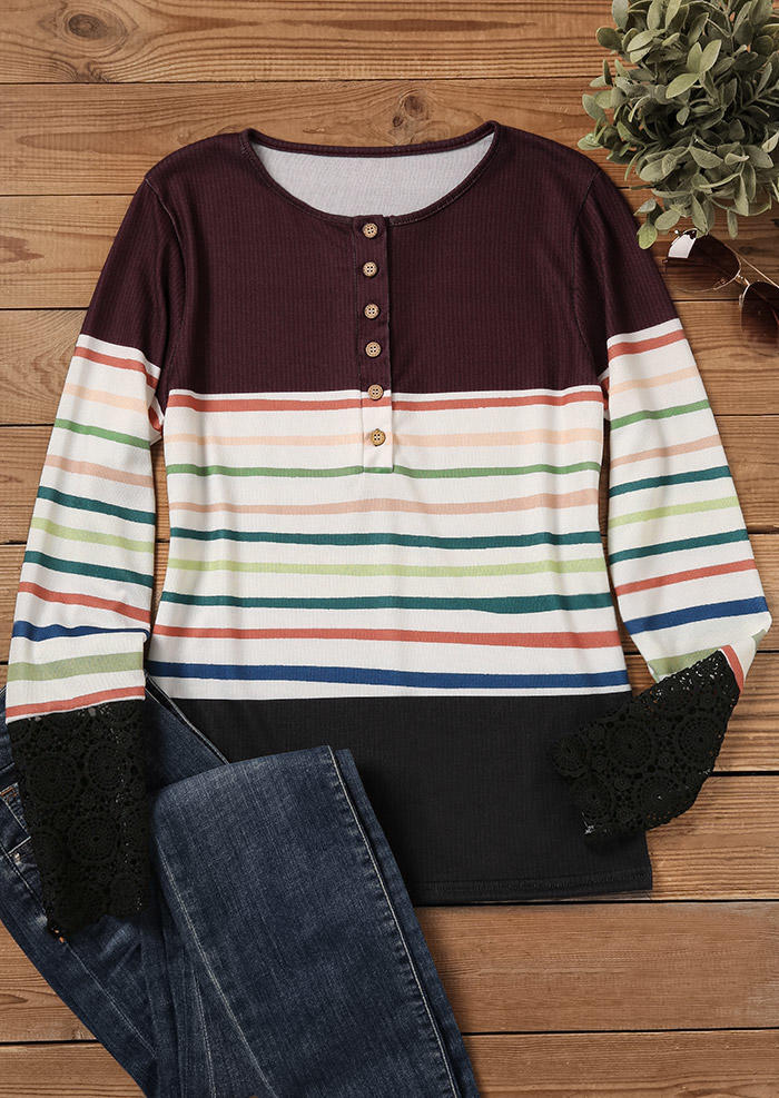 Colorful Striped Lace Splicing Button Blouse