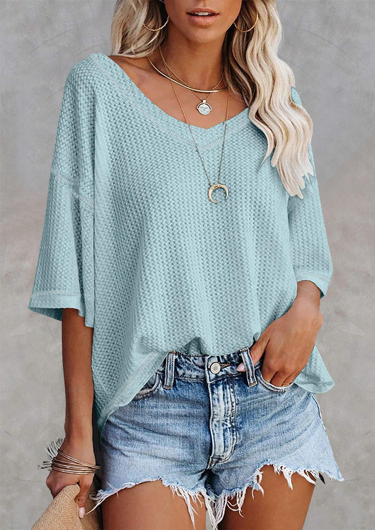 

Waffle Drop Shoulder Loose Blouse - Blue, SCM010999