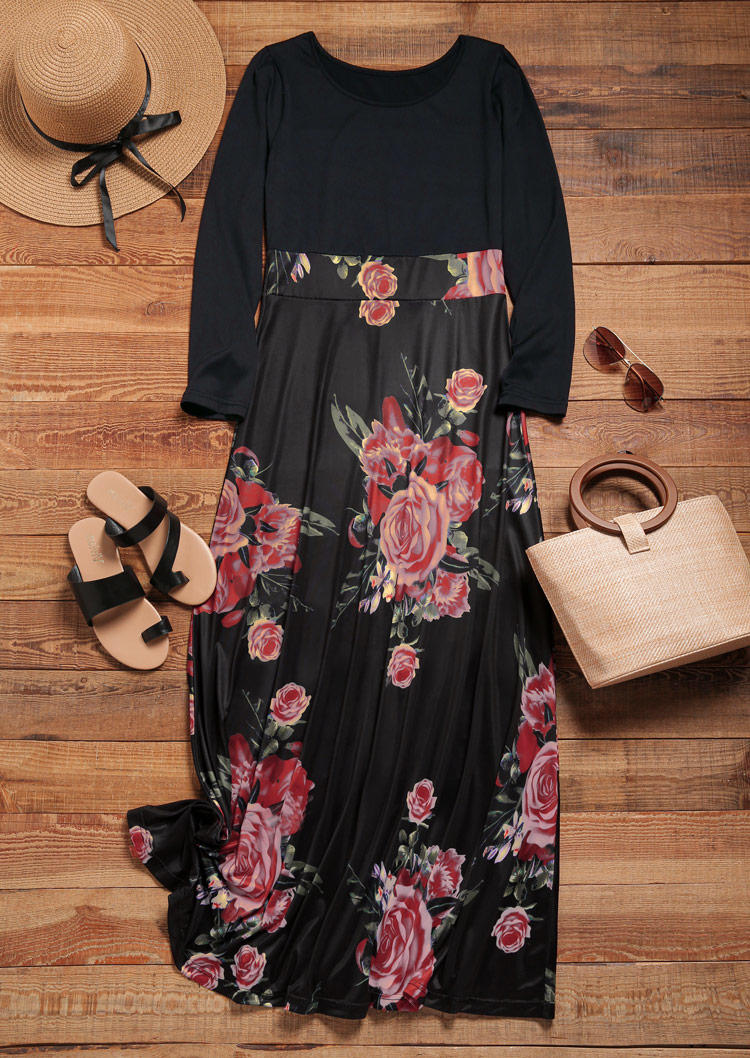 Floral Long Sleeve O-Neck Maxi Dress