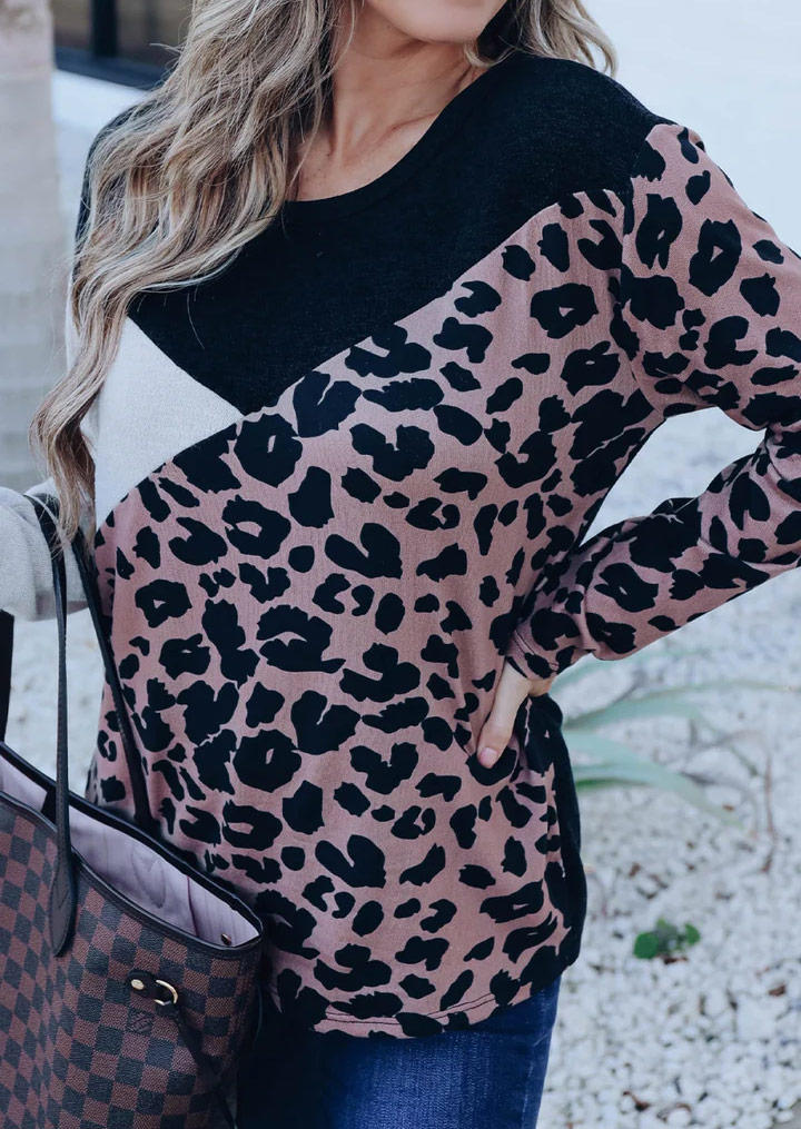 

Color Block Leopard Long Sleeve Blouse, Multicolor, SCM011272