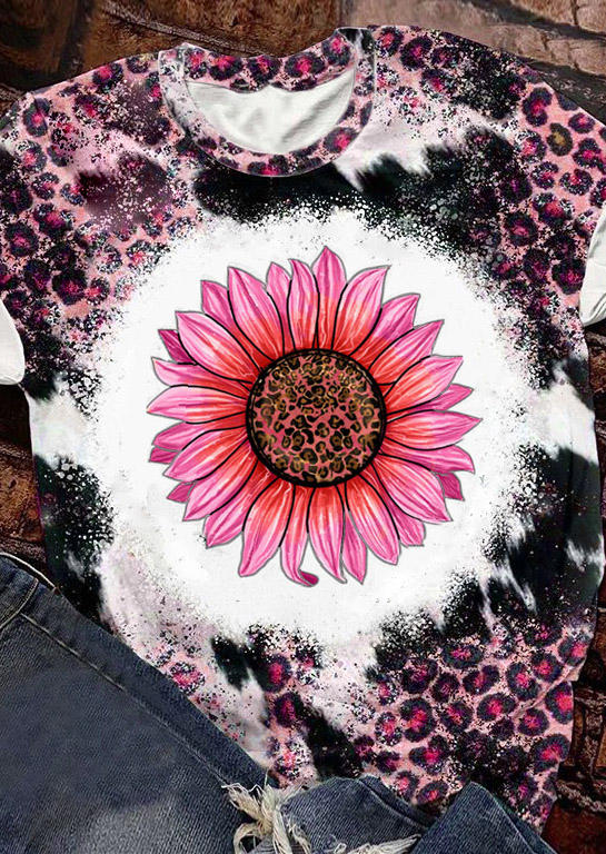 

Leopard Sunflower Bleached O-Neck T-Shirt Tee, Multicolor, SCM011280