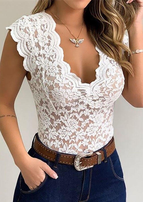 

Lace Scallop Collar Tank - White, SCM011346