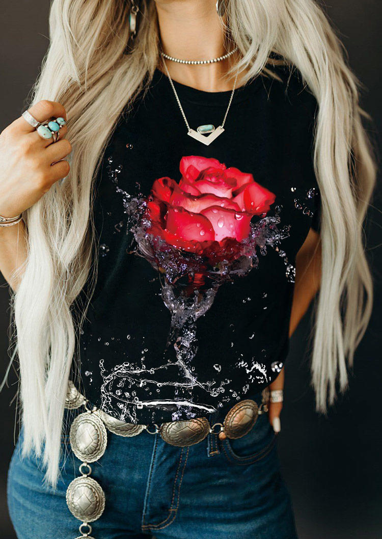 

Valentine Rose O-Neck T-Shirt Tee - Black, SCM011349