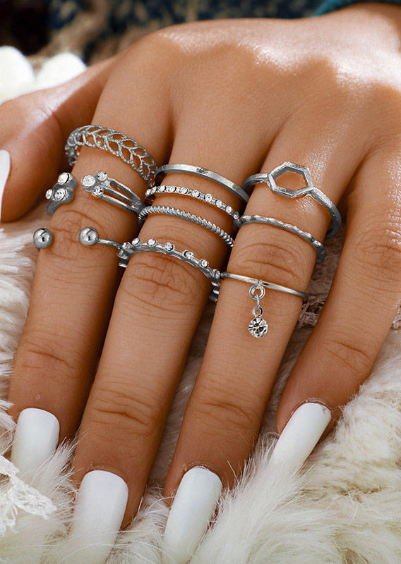 

8Pcs Rhinestone Hollow Out Alloy Ring Set, Silver, SCM011371