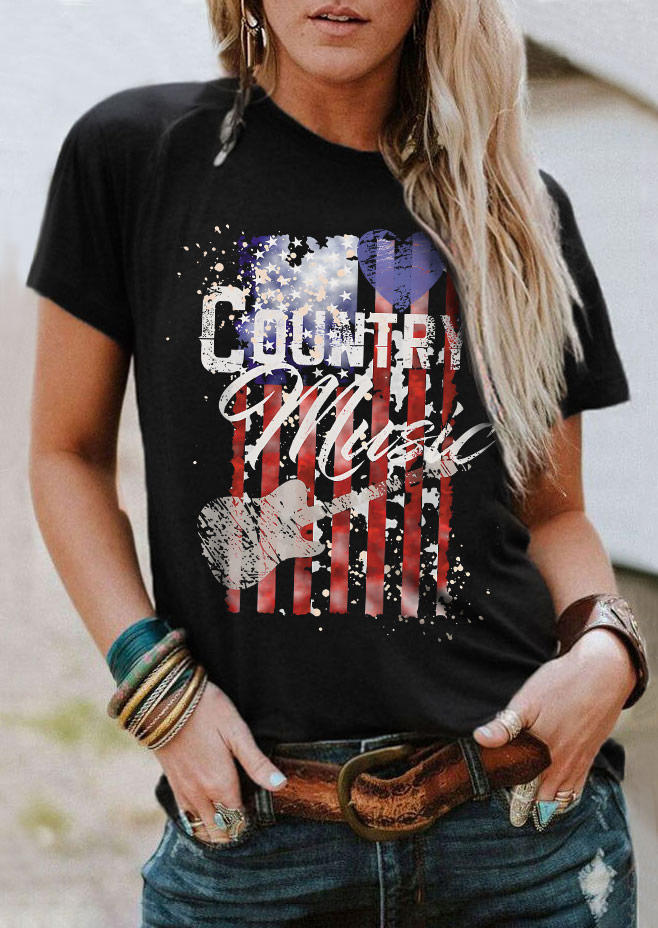 

Country Music American Flag Guitar T-Shirt Tee - Black, SCM011537