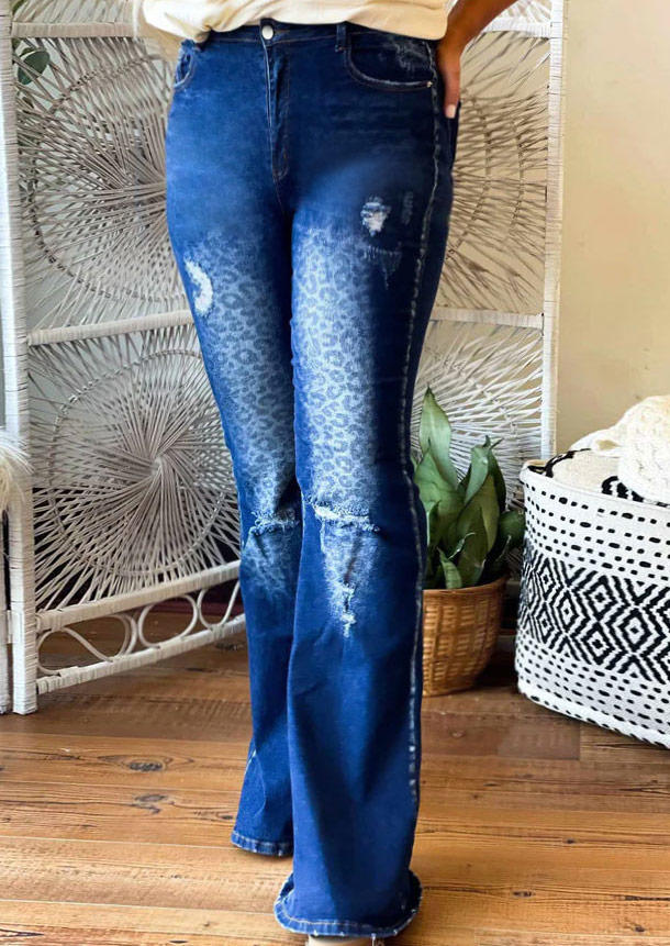

Leopard Pocket Ripped Hole Denim Flare Jeans - Blue, SCM011651