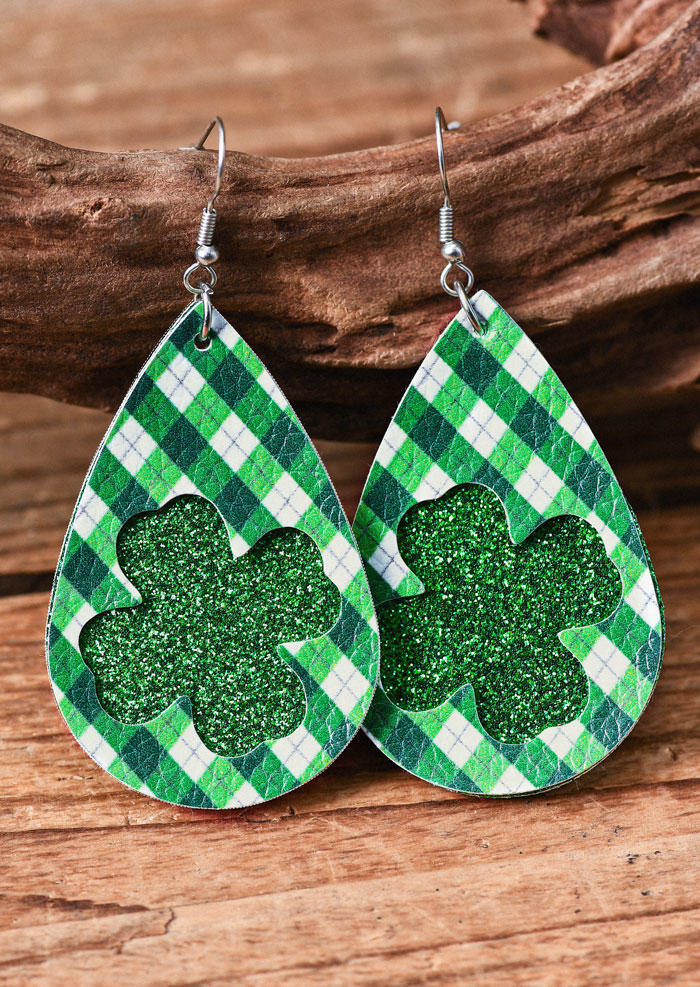 St. Patrick's Day Lucky Shamrock Glitter Plaid Earrings