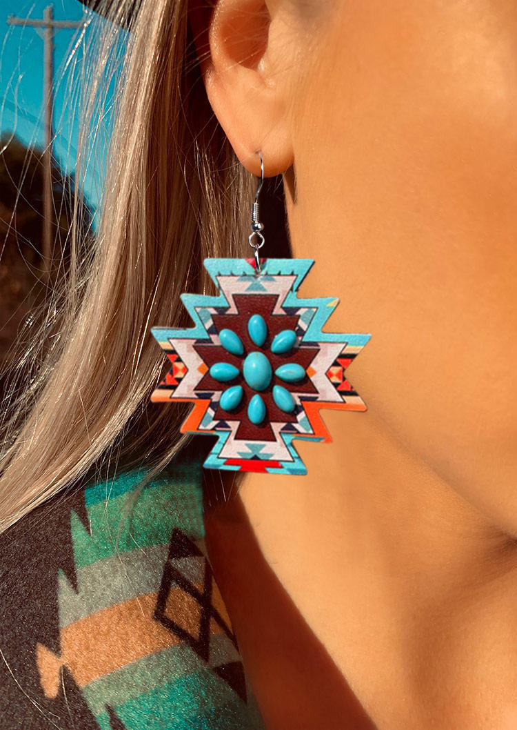 Turquoise Aztec Geometric Hook Earrings