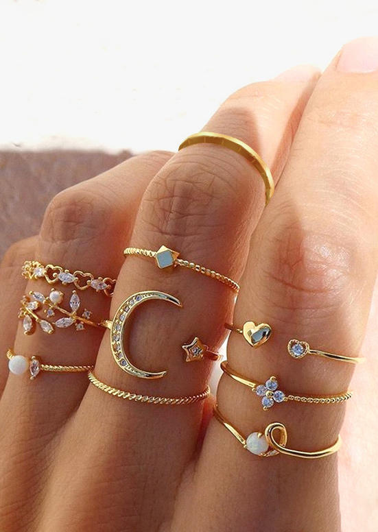 

10Pcs Star Crescent Heart Leaf Hollow Out Ring, Gold, SCM011296