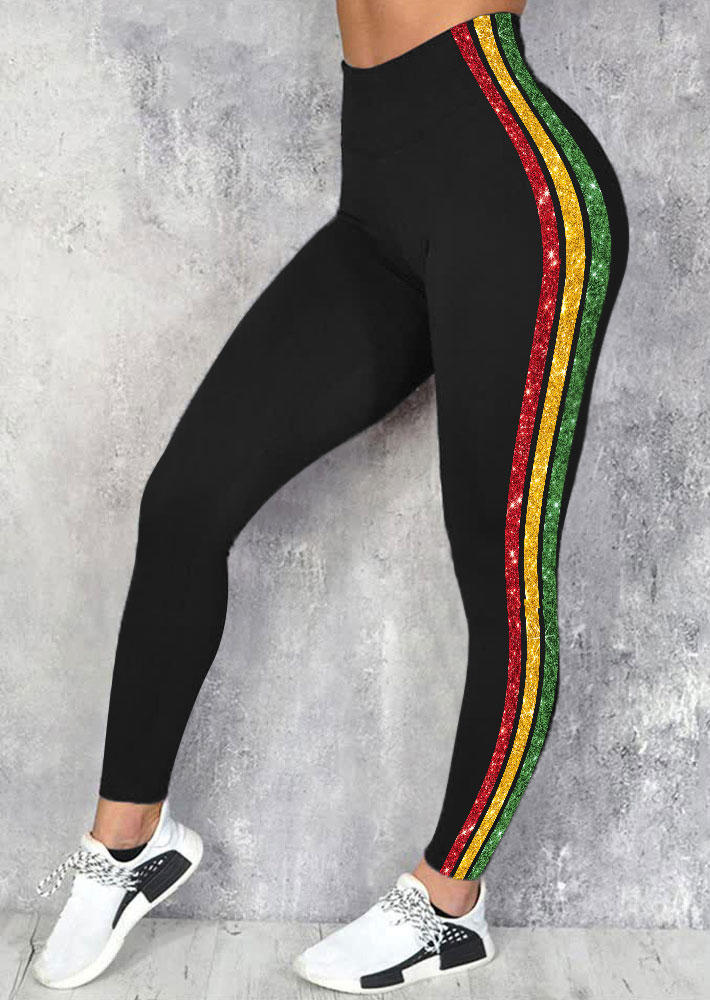 

Colorful Striped Glitter High Waist Skinny Leggings, Black, SCM011392