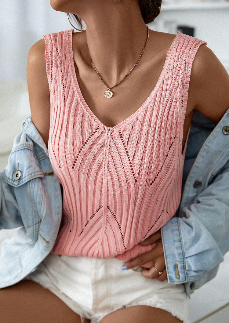

Hollow Out Knitted Casual Tank - Pink, SCM011395