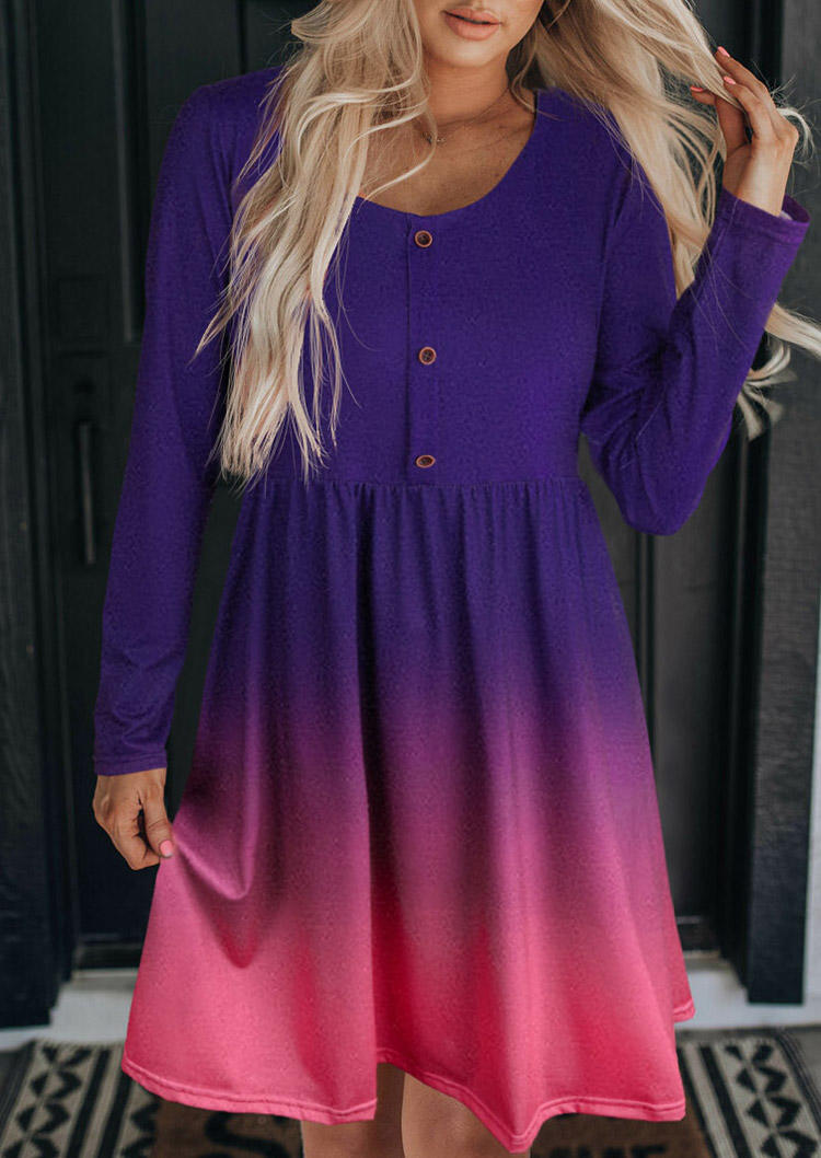 

Gradient Button Ruffled Long Sleeve Mini Dress, Multicolor, SCM011420