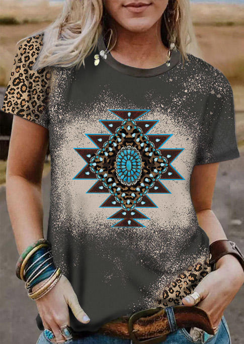 

Aztec Geometric Leopard Turquoise T-Shirt Tee - Dark Grey, Gray, SCM011494