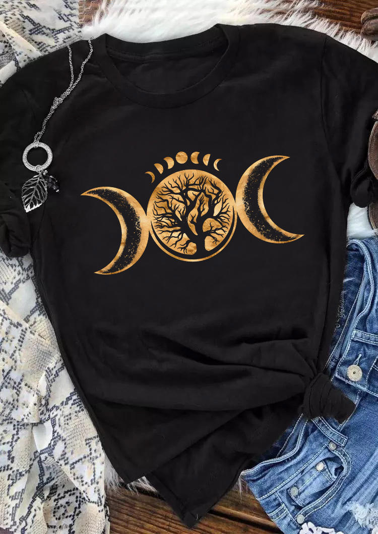 

Sun Moon Tree Of Life O-Neck T-Shirt Tee - Black, SCM011587