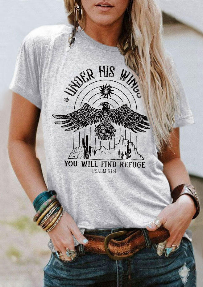 

Under His Wings You Will Find Refuge Cactus Thunderbird T-Shirt Tee - Light Grey, Gray, SCM011691