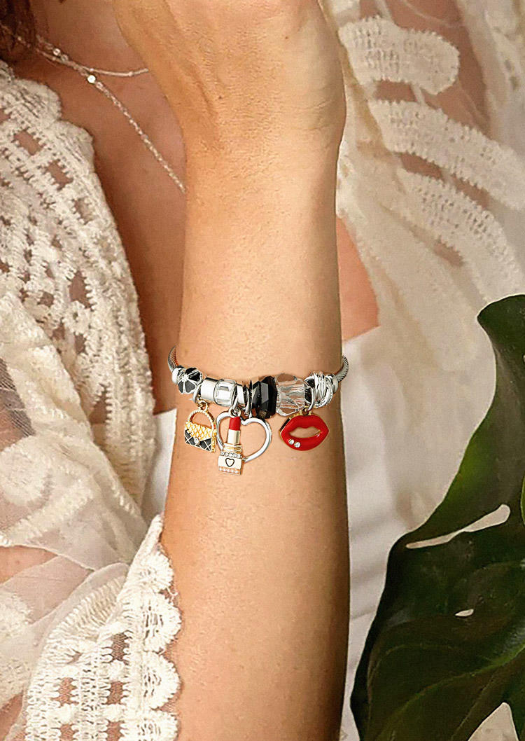 Valentine Lipstick Bag Lips Heart Rhinestone Adjustable Bracelet