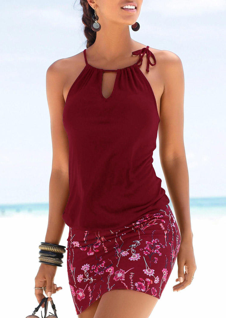 

Floral Hollow Out Tie Bodycon Dress - Burgundy, Red, SCM011166