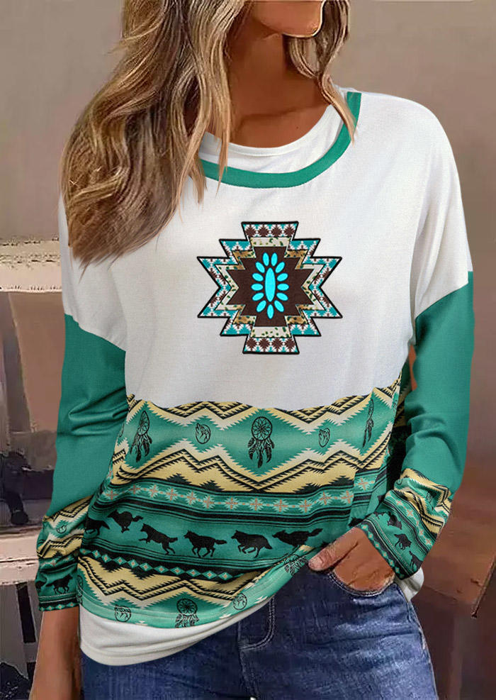 

Aztec Dreamcatcher Feather Horse Long Sleeve Blouse - Blue, SCM011408