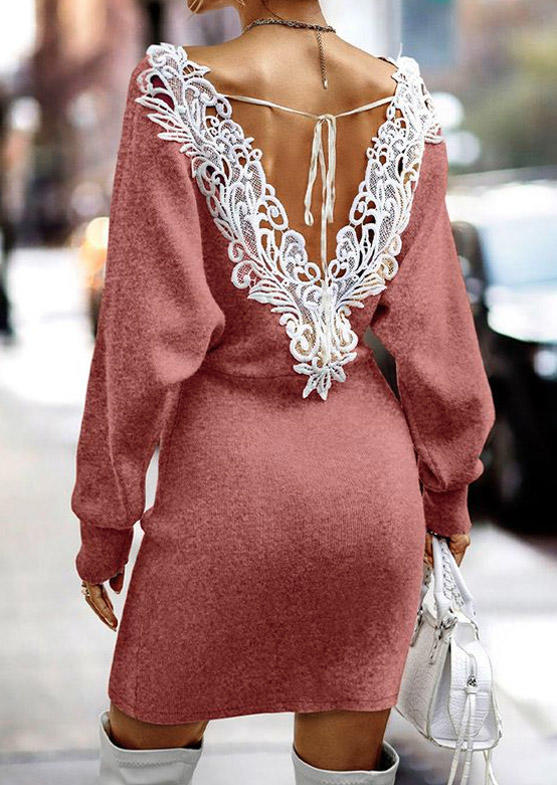 

Lace Splicing Open Back Bodycon Dress - Pink, SCM011554