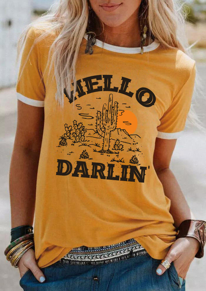 

Hello Darlin' Cactus Sunset Desert T-Shirt Tee - Yellow, SCM011615