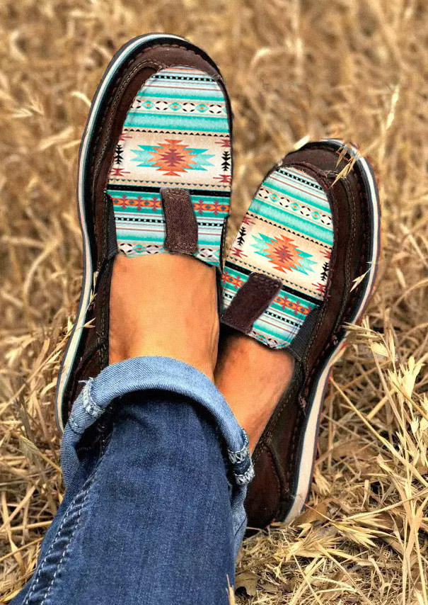 

Aztec Geometric Slip On Round Toe Flat Sneakers - Brown, SCM011714