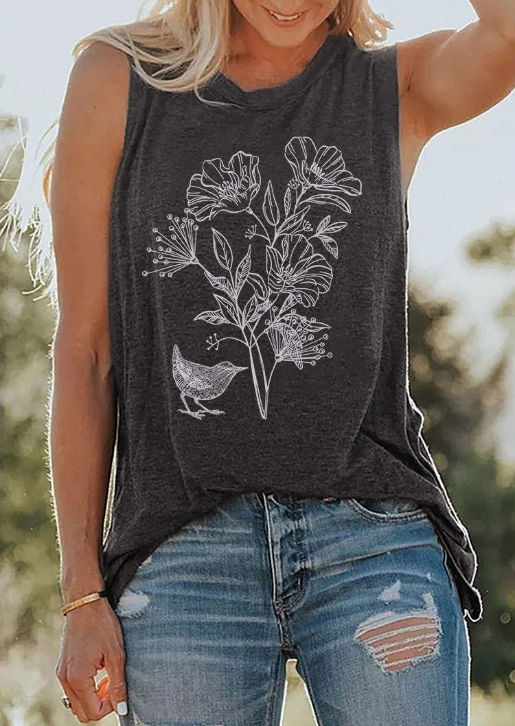 

Floral O-Neck Casual Racerback Tank - Dark Grey, Gray, SCM011757