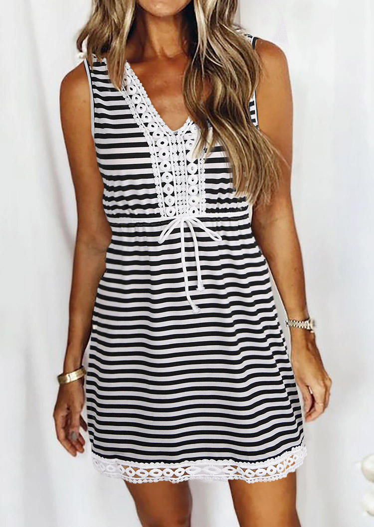 

Striped Lace Splicing Tie Sleeveless Mini Dress - Black, 532156