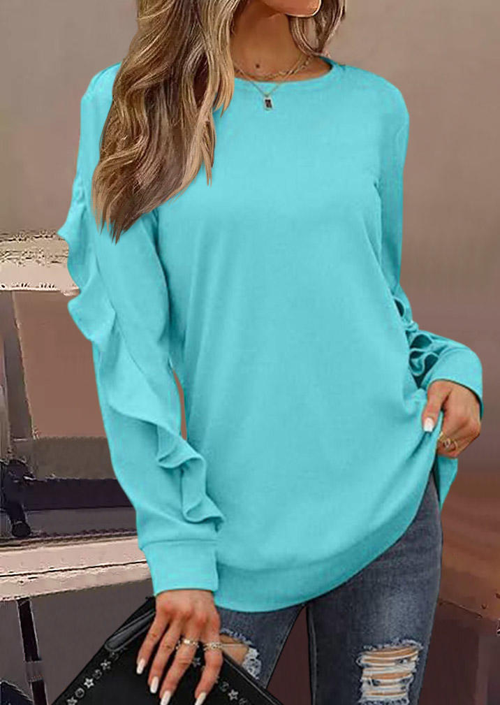 

Ruffled Long Sleeve O-Neck Blouse - Lake Blue, SCM011478