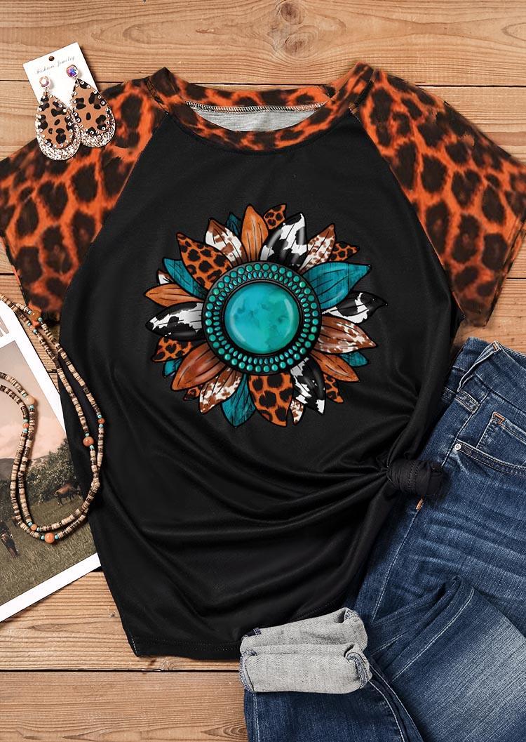 Leopard Sunflower Turquoise Cow T-Shirt Tee - Black