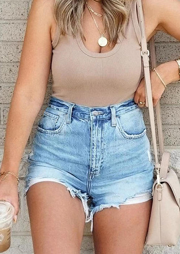 

Pocket Ripped Frayed Hem Denim Shorts - Blue, SCM011591