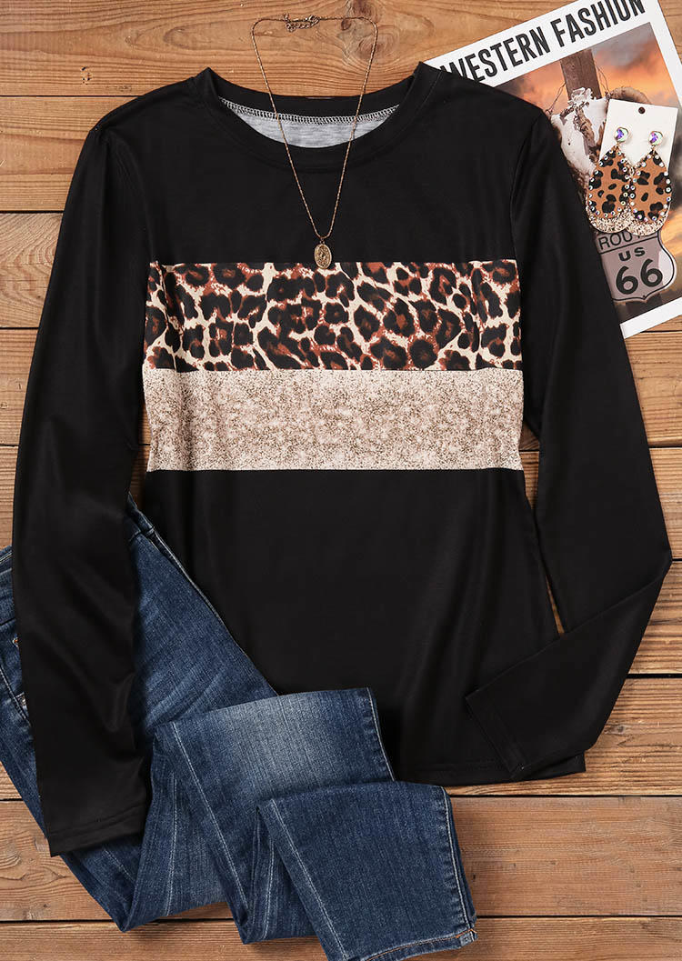 Leopard Glitter Long Sleeve Blouse - Black