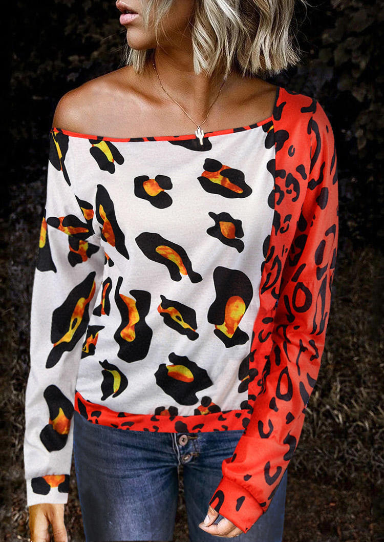 

Leopard Color Block Long Sleeve Blouse - Red, SCM011606