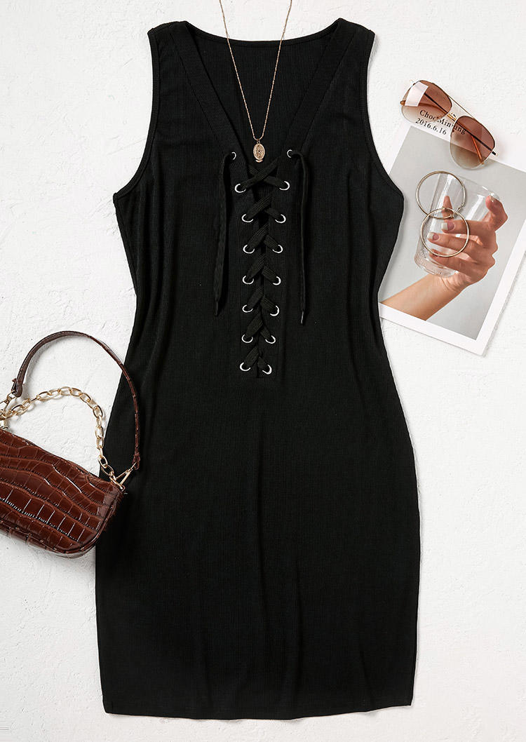 Lace Up Sleeveless Bodycon Dress - Black