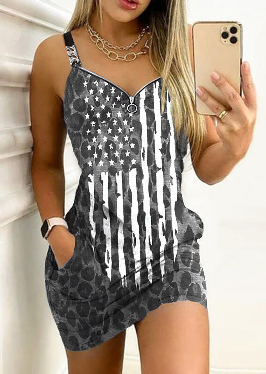 

American Flag Leopard Pocket Zipper Bodycon Dress, Multicolor, SCM011470