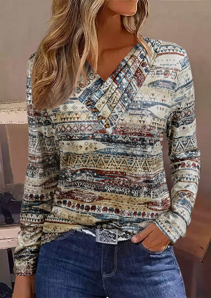 

Tribal V-Neck Long Sleeve Blouse, Multicolor, SCM011541