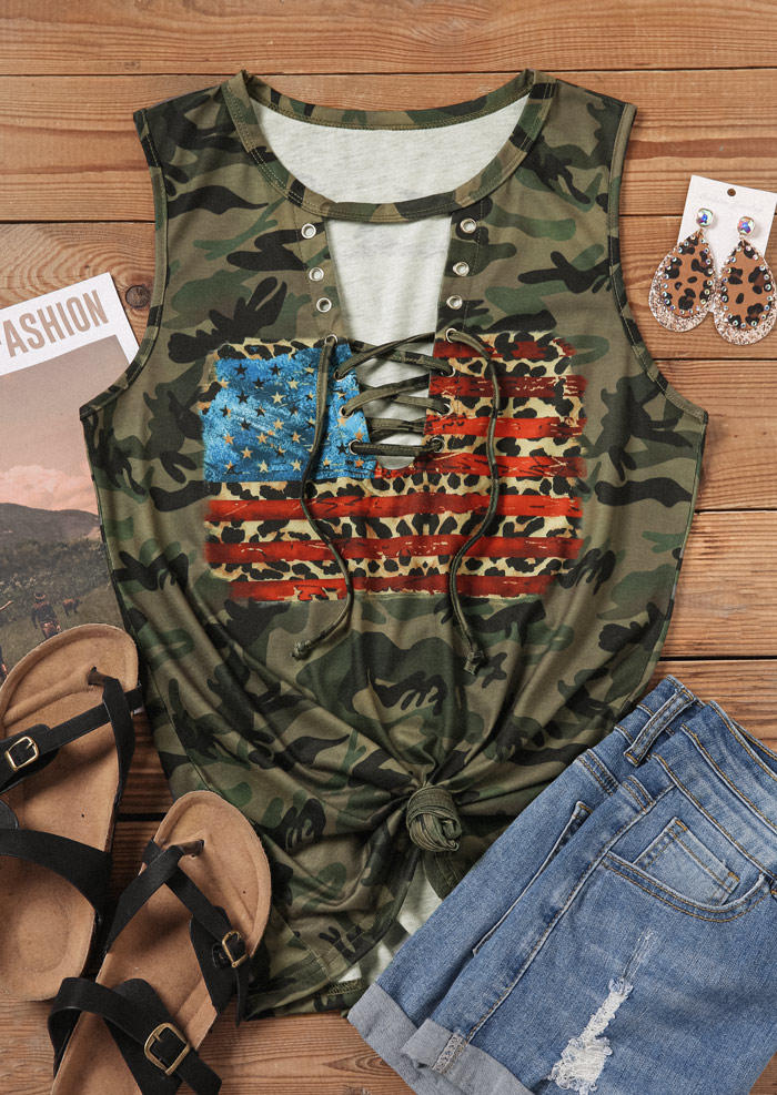 Camouflage Leopard American Flag Lace Up Tank