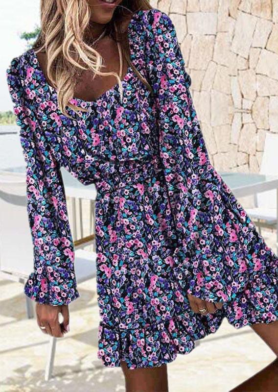 Ditsy Floral Puff Sleeve Smocked Waist Mini Dress - Purple