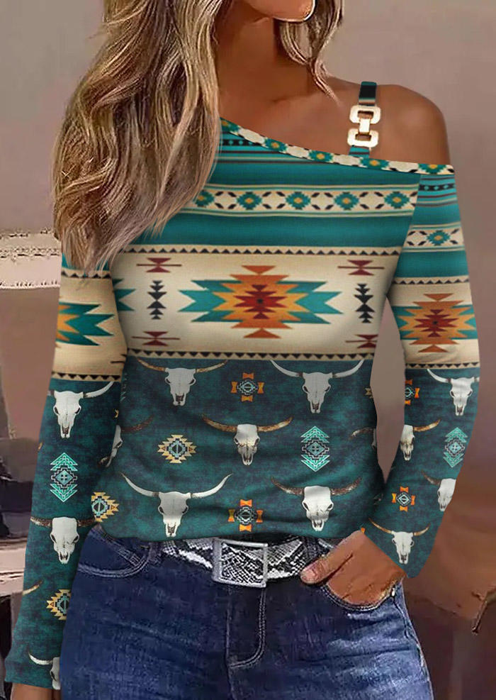

Aztec Geometric Steer Skull One Sided Cold Shoulder Blouse, Multicolor, SCM011737