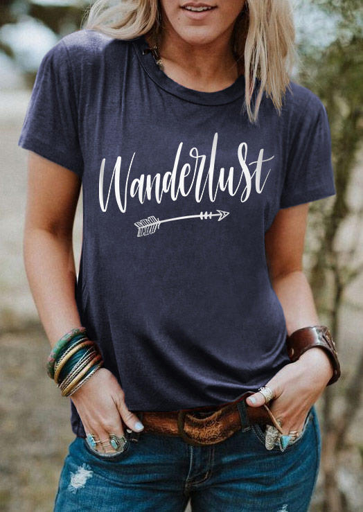 

Wanderlust Arrow O-Neck T-Shirt Tee - Navy Blue, SCM011821