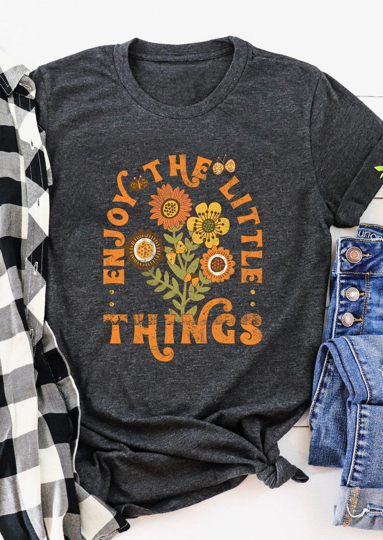 

Enjoy The Little Things Floral O-Neck T-Shirt Tee - Dark Grey, Gray, SCM011826