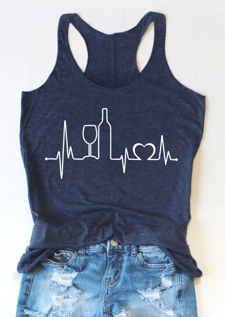 

ECG Heartbeat Wine Glass Racerback Tank - Navy Blue, SCM011831