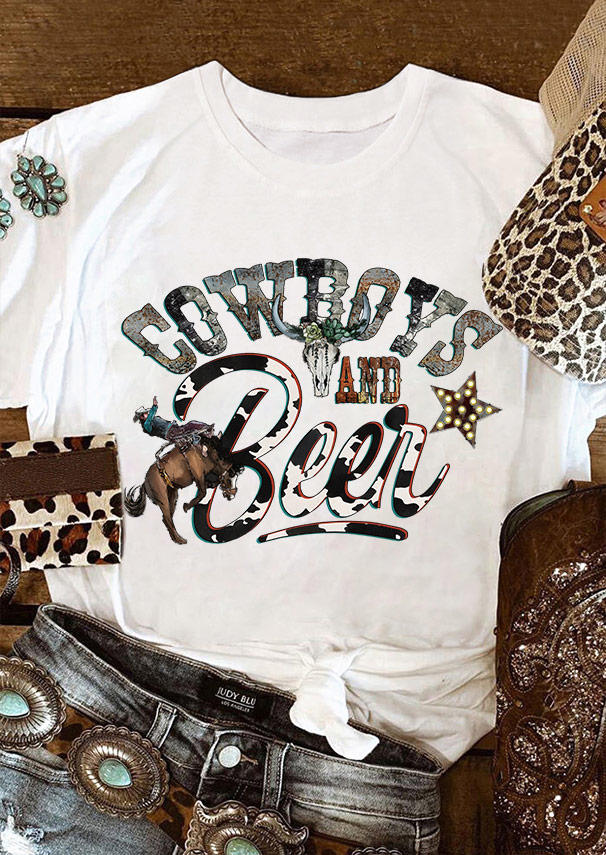 

Cowboys And Beer Steer Skull T-Shirt Tee - White, SCM011835